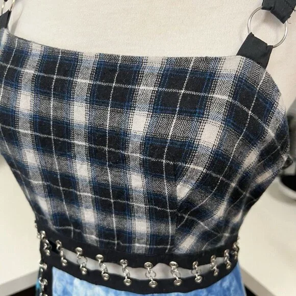Current Mood Dolls Kill Plaid Patchwork Mini Dress Size M Medium Blue - Picture 8 of 8